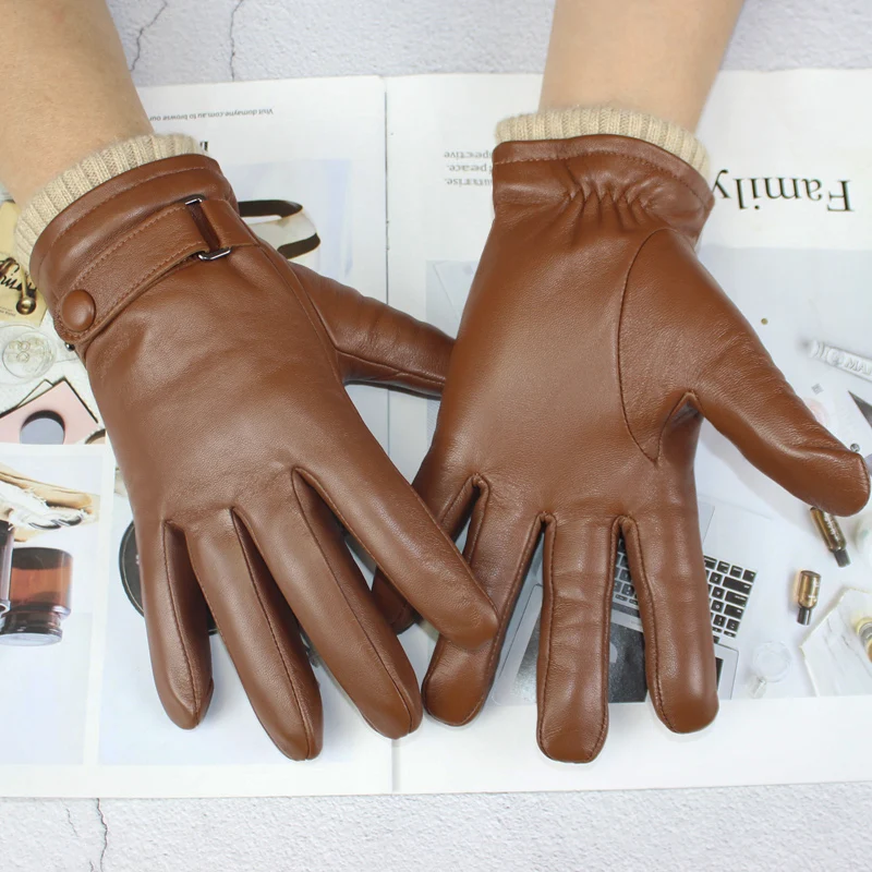 High-quality sheepskin touch screen gloves men's new corrugated wool knitted warm velvet motorcycle driving leather gloves