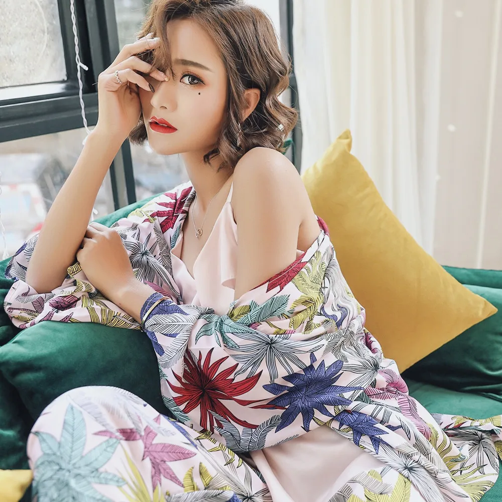 

Maple Leave Spring Autumn Women's Pajama Set 3 Piece Sleep Set Daily Sleepwear Indoor Clothe Cotton V-neck Vintage Home Clothing