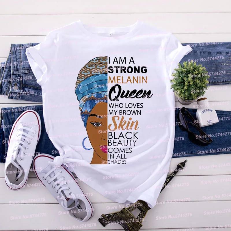 

Harajuku I'm A Strong Melanin Queen t shirt Crown Sexy pink Lip T-shirt You Are Charming Melanin graphic Tops female Lady Tees