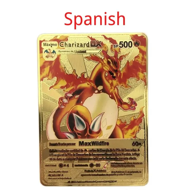 Spanish Pokemon Metal Card Pikachu Fire-breathing Dragon VMAX Gold V/GX/OX Card Toys Play Games Collection Card Children's Gifts 20
