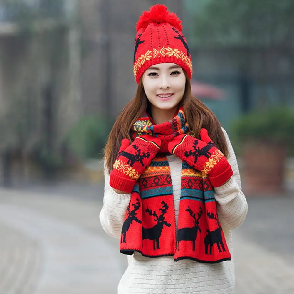 Winter Caps Knit Thick Wool Lining Warm Christmas Gift Reindeer Thick Hat Scarf Glove Sets For Women Or Girl 3pcs Warm Set