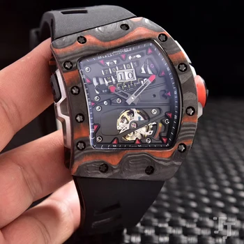 

Brand New Men Watch Automatic Mechanical Red Black Rubber Bracelet Watches Tourbillion Limited Sapphire Glass Back Carbon Fiber