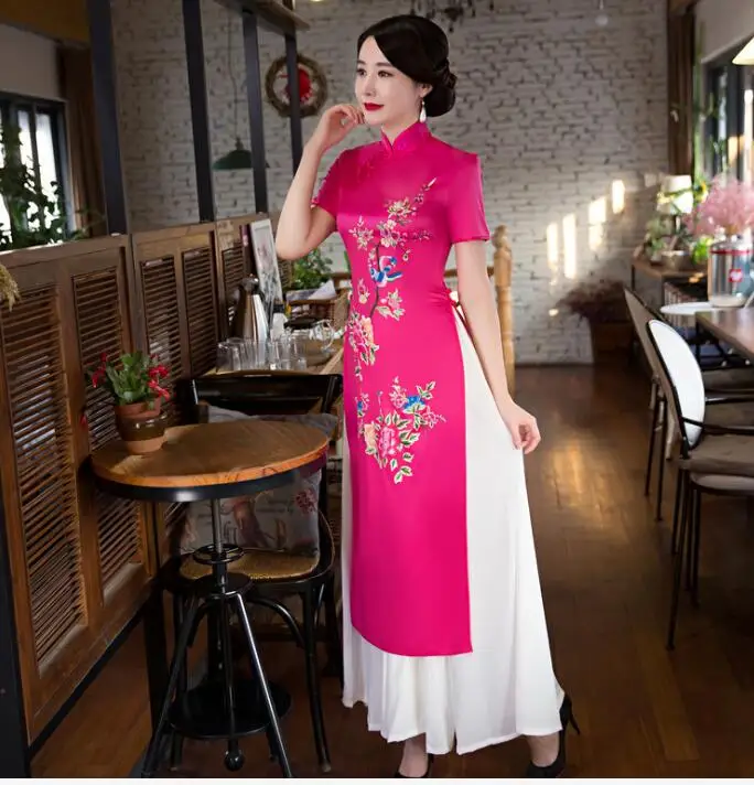Розовый вьетнамский aodai Китайская традиционная одежда для женщин Ципао китайское восточное платье современный cheongsam ao dai - Цвет: color2