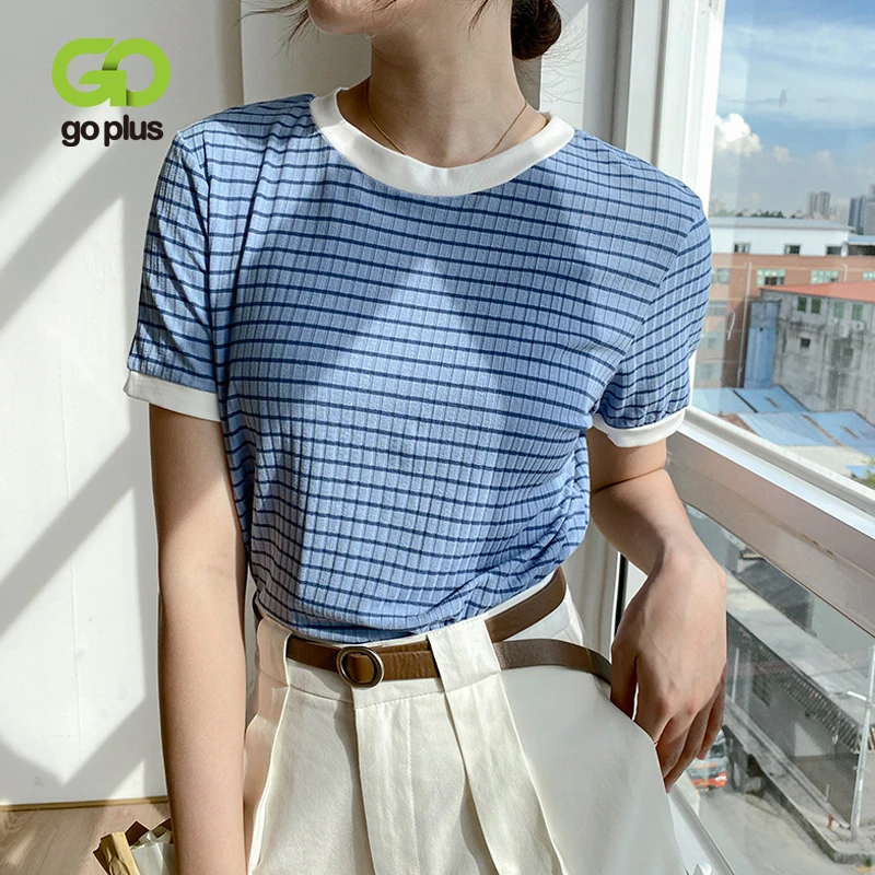 

GOPLUS Women's Sweater Korean Style Knitted Round Neck Striped Short Sleeve Pullovers Tops Sweaters Womans Femme Chandails