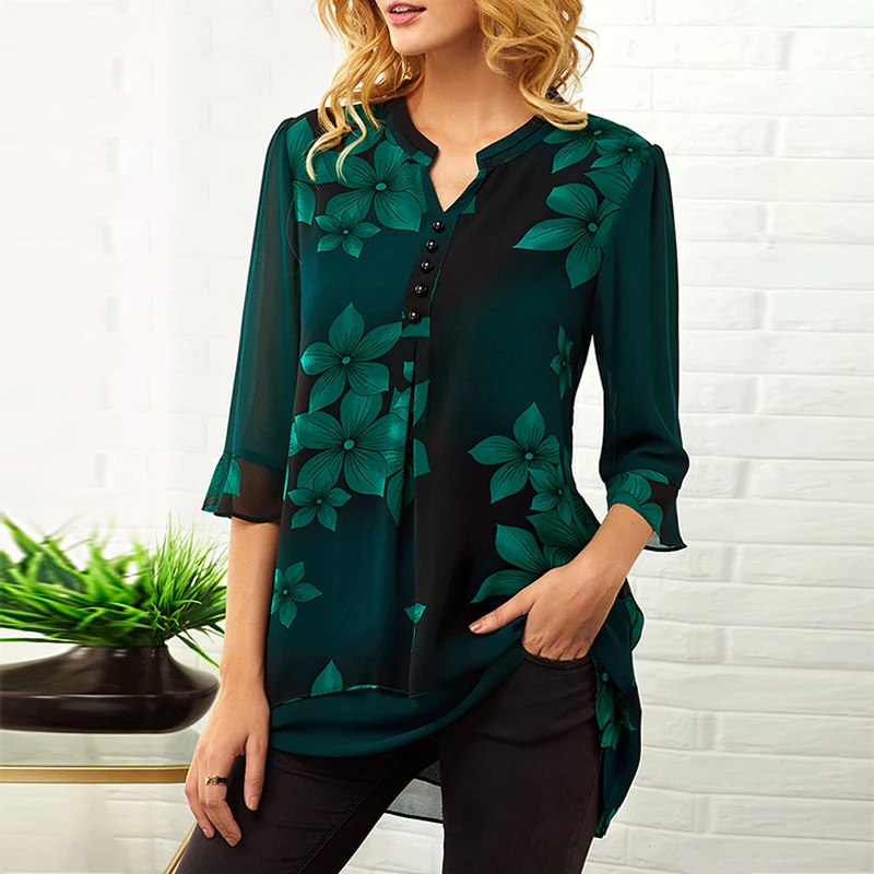 5XL Plus Size Womens Tops And Blouses 2020 Elegant Vintage Floral Print Women's Shirt Irregular Half Sleeve Female Chiffon Tunic
