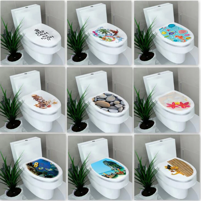 Bathroom Toilet Seat Cover Decals Sticker Vinyl Toilet Lid Decals Wall Decorative Sticker Decals, Mulit-pattern, 32cmx39cm