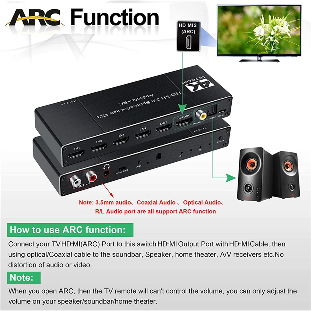 Extrator de Áudio com Arco 2.0 para Ps4 Kuwfi Hd-mi Interruptor Remoto 4x2 Hdr Switcher & ir tv Hdtv 4k - 60hz - Image 6