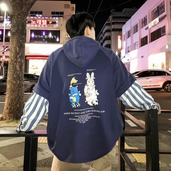 

2020 Spring And Autumn New Youth Pop Fake Two Stitching Printed Hooded Sweatshirt Fashion Casual Wild Loose Pullover S-XL