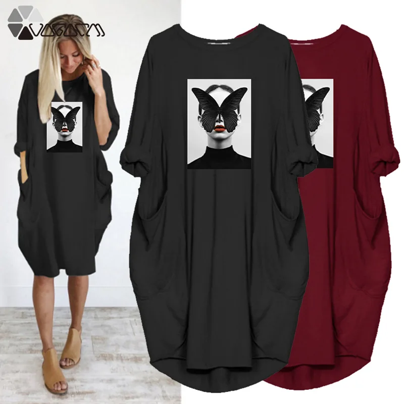 

Women Loose Dress Plus Size 5XL Black Butterfly Print Long Sleeve O Neck Pocket Vintage Casual Party Streetwear Vestido Robes
