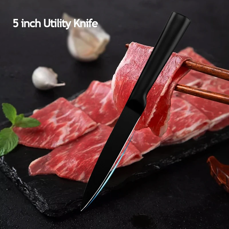 XYJ набор кухонных ножей японский " Santoku 5" Универсальный 6," нож шеф-повара Держатель ножей из нержавеющей стали черное лезвие инструменты для приготовления пищи