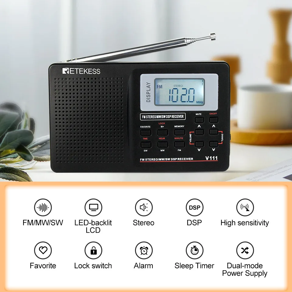 Retekess-rádio de Banda Completa com Despertador Temporizador F9201 fm Estéreo mw sw Dsp Receptor Mundial Portátil Preto V111 - Image 5