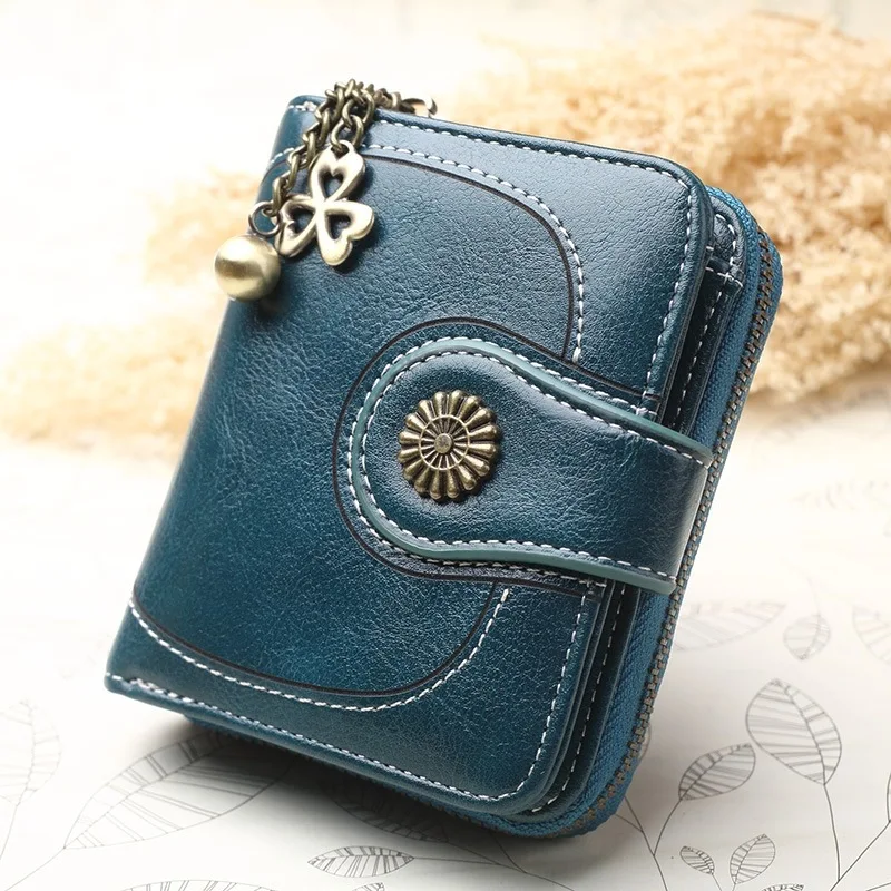 Blue Женские кошельки с масляным воском, маленький кошелек для мелочи, многофункциональная Сумочка для монет, кожаная женская посылка на молнии с ручкой, сумка для карт - Цвет: Blue