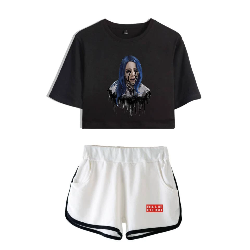 Popular new to Billie Eilish black short belly button T-shirt+ white shorts fashion women casual cotton girl two-piece