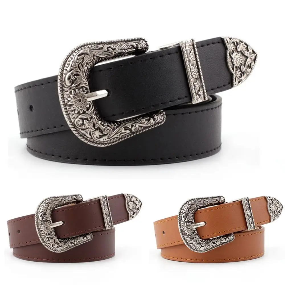 Leather Belt Women Metal Heart Buckle Waist Belt Vintage Carved Ladies Belts Waistband Western Design Fashion Waist Belt