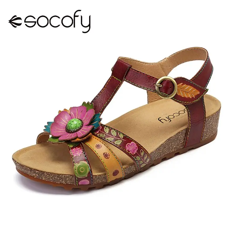 

SOCOFY Handmade Sandals Retro Floral Pattern Genuine Leather Comfortable Leaf Hook Loop Sandals Elegant Shoes Women 2019