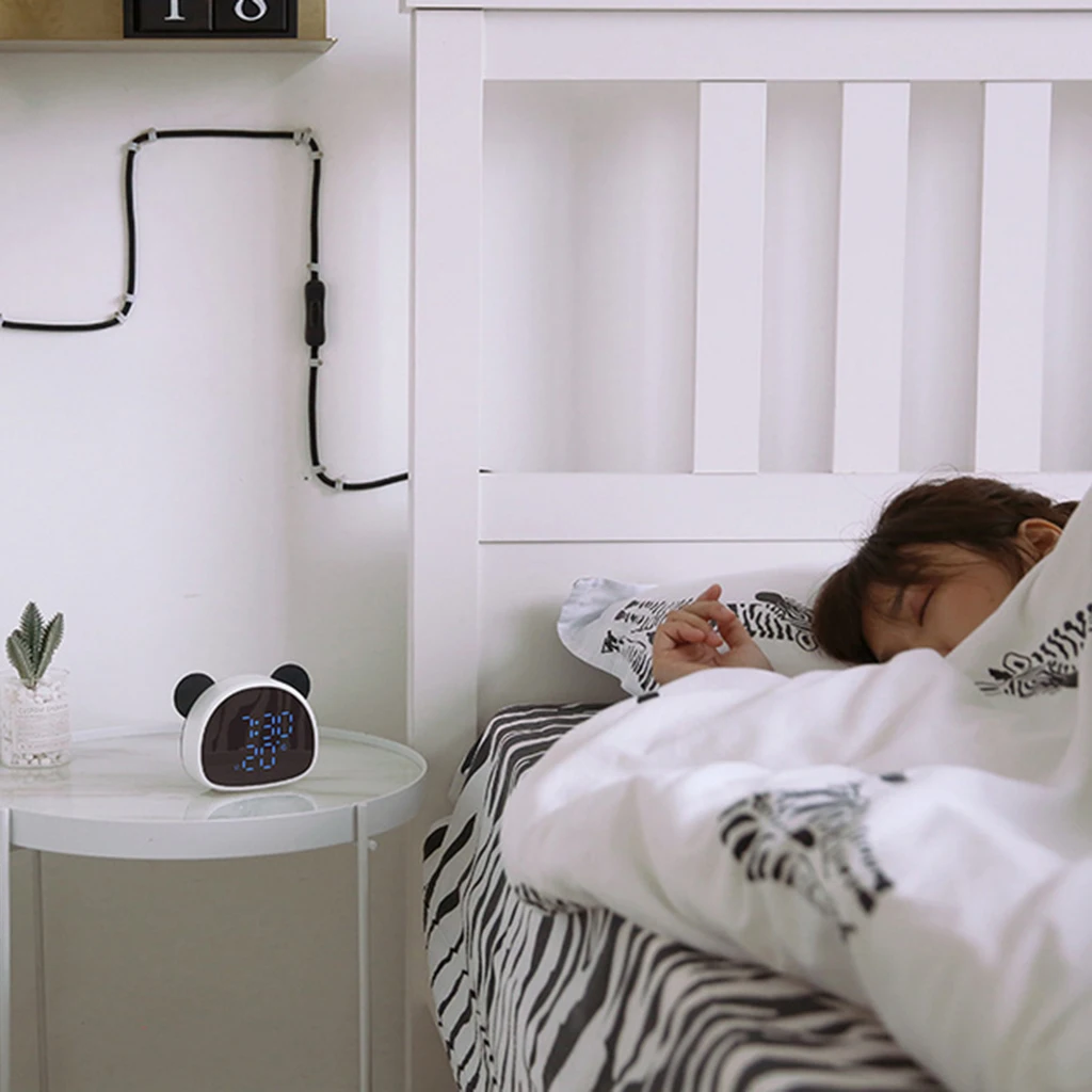 Panda Shape Digital Alarm Clock Portable Mirror Display Temperature Time for Children Kids, LED Digital Display Clock