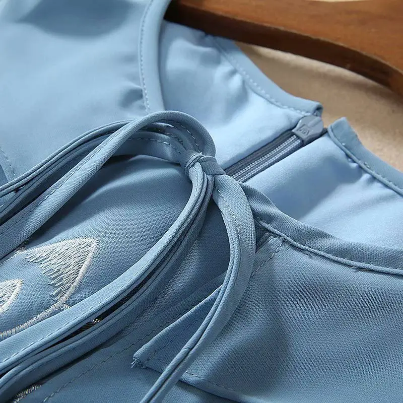 Милое Платье на шнуровке, с круглым вырезом и оборками, с короткими рукавами, выше колен, с вышивкой рыбы, повседневное синее летнее платье, Прямая поставка