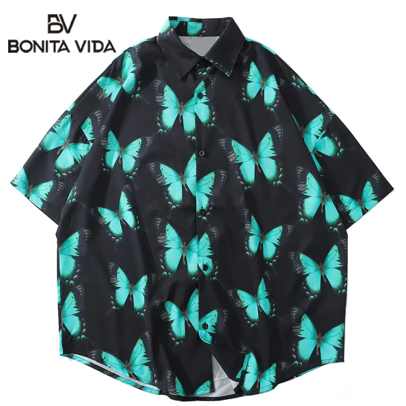 

Bonita Vida Butterfly Print Beach Shirts Mens Fashion Casual Hawaiian Tropical Short Sleeve Aloha Camp Button Top Shirt