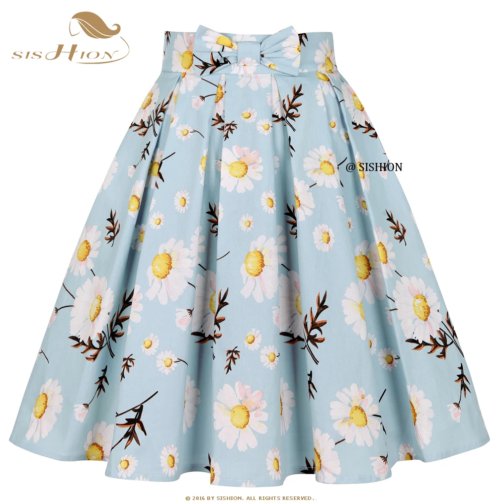 SISHION Y2K Jupe Pleated Skirts SS0012 50s Vintage Cotton Floral Daisy Printed Light Blue Summer Skirt with Pockets