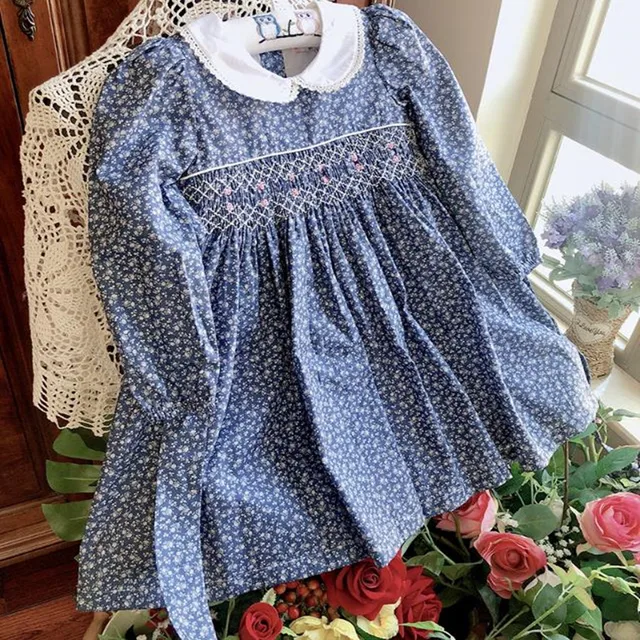 Meisje Jurk Smokwerk Britse Klassieke Lente Herfst Handgemaakte
