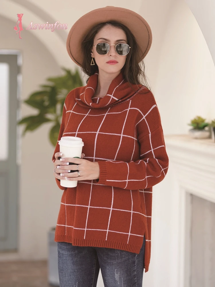 

Aswinfon Checkered Turtleneck Sweater Women Loose Knitted Pullovers Autumn Winter Knit Sweater Pullover Long Sleeve Jumper Lady