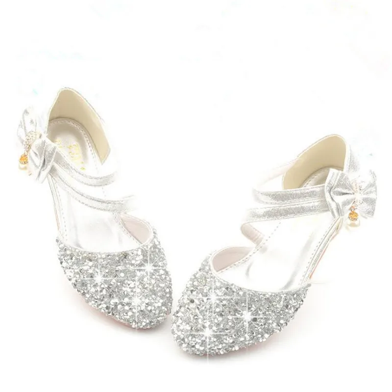 Children Girls Sandals High Heels Glitter Bowtie Party Shoes