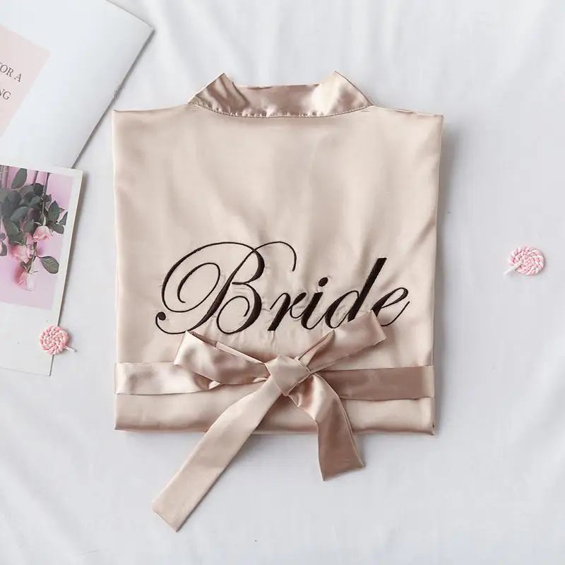 Bride Champagne Вышивка невесты Свадебный халат Элегантный бордовый кимоно халат пижамы повседневное мягкое банное платье леди атласная ночная рубашка - Цвет: Bride Champagne