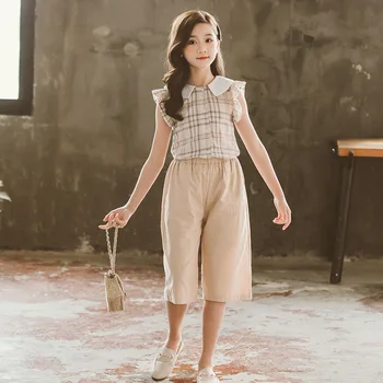

2020 New Girls Clothing Sets Summer Fashion Plaid Top+Loose Pants 2pcs Kids Teen Clothes Girls Boutique Outfits Size 4 6 8 10 12