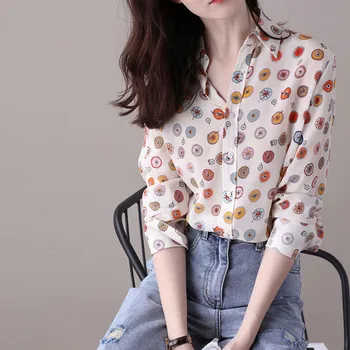 

Silk Cute Print Women's Blouse Long Sleeve Turn-down Collar Soft Lady Shirt and Tops 2020 New