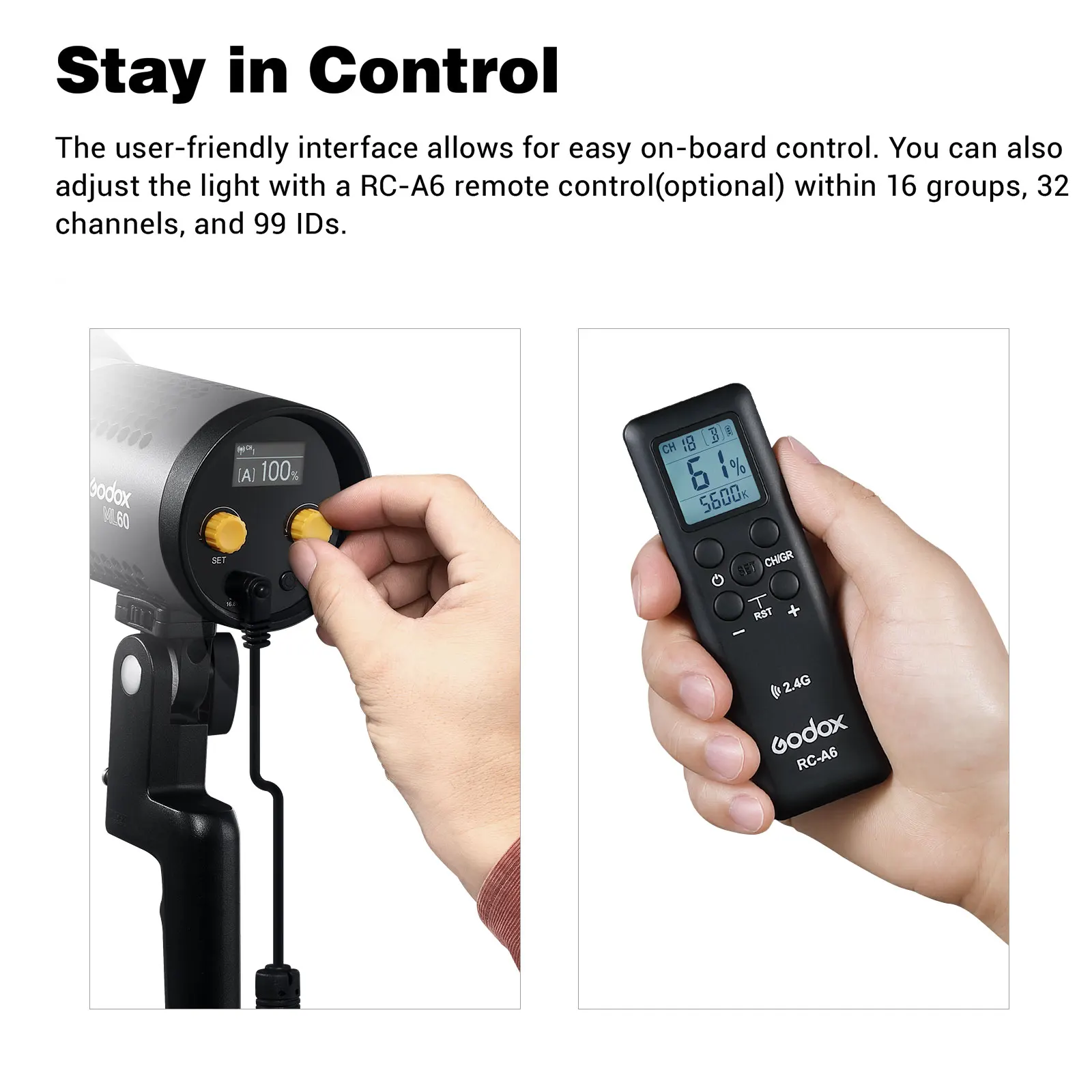 Godox ML60 60W Handheld LED Video Light CRI96+ w