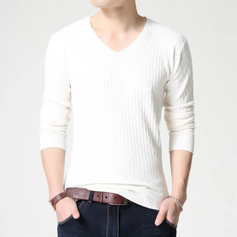 AKSR мужской свитер большого размера с v-образным вырезом однотонный шерстяной кашемировый теплый пуловер Джемпер мужской вязаный обтягивающий Свитер Fit Pull Homme - Цвет: Белый