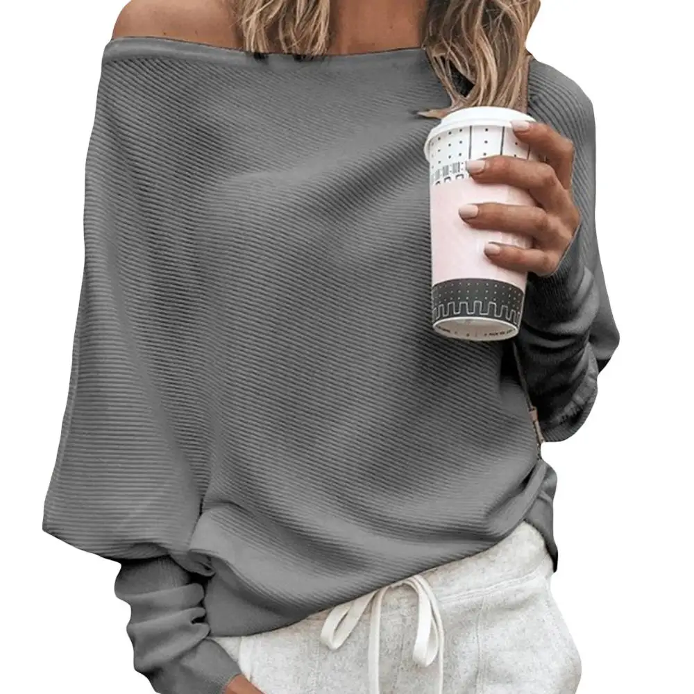 Пикантные женские свитера, Однотонный свитер с открытыми плечами и длинным рукавом, Свободный вязаный пуловер, джемперы, женский джемпер в уличном стиле - Цвет: Grey