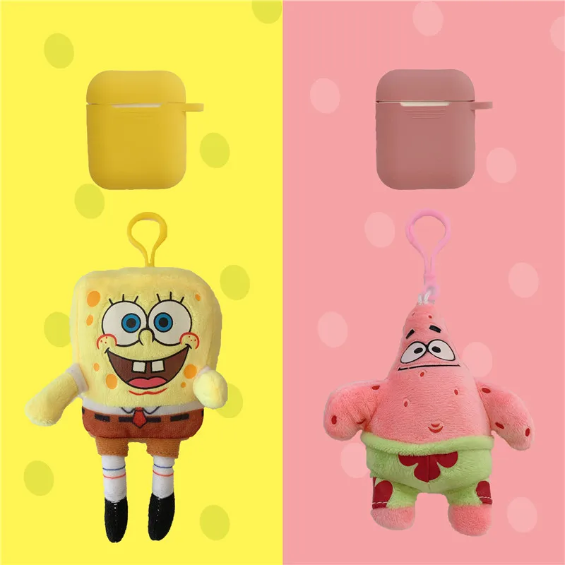 Silicone Cartoon Earphone Case For AirPods 2 SpongeBob SquarePants keychain Bluetooth Headphone Cover For AirPods Accessories