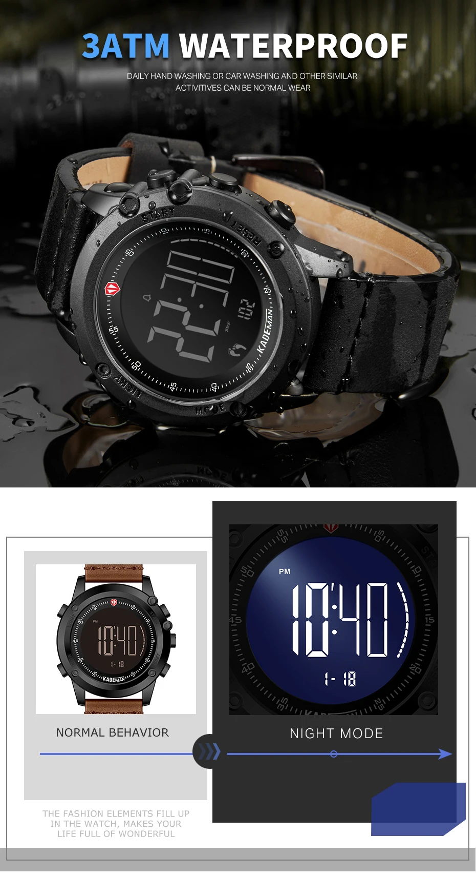 KADEMAN, мужские часы, цифровой дисплей, водонепроницаемые, счетчик шагов, кожаные часы, топ, люксовый бренд, светодиодный, мужские наручные часы, Relogio Masculino