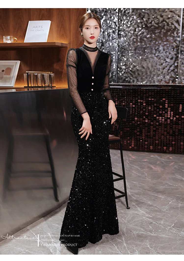 שחור חדש בת ים שמלת ערב שחבור מלא שרוול באורך רצפת המפלגה שמלת נשים Vestidos דה פיאסטה דה Noche רגוס Elegantes