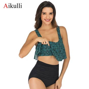 

Aikulli Swimsuit Tankini Women Two Piece Bathing Suits Ruffled Flounce Plus Size Swimwear High Waist Bottom Bikini Set Biquini