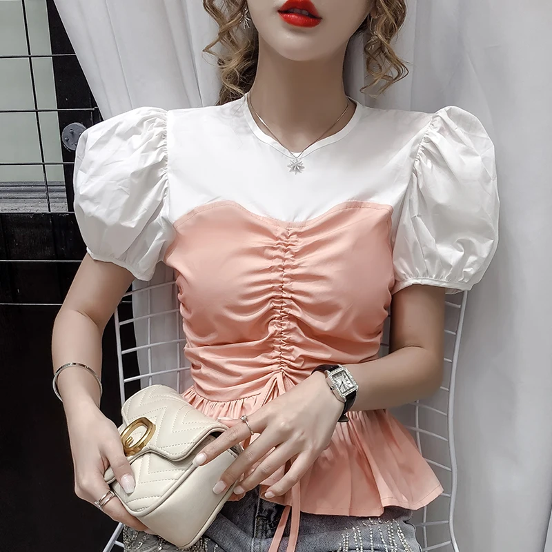 

COIGARSAM Short blouse women New Summer Puff Sleeve Panelled O-Neck blusas womens tops and blouses Pink Black 6885