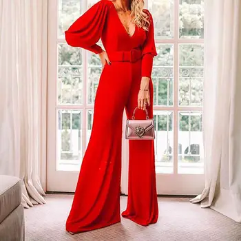 

Womens Jumpsuit Sashes Jumpsuits 2020 Spring Women's V-neck Long Sleeve Rompers High Waist Fashion Jumpsuit Rompers