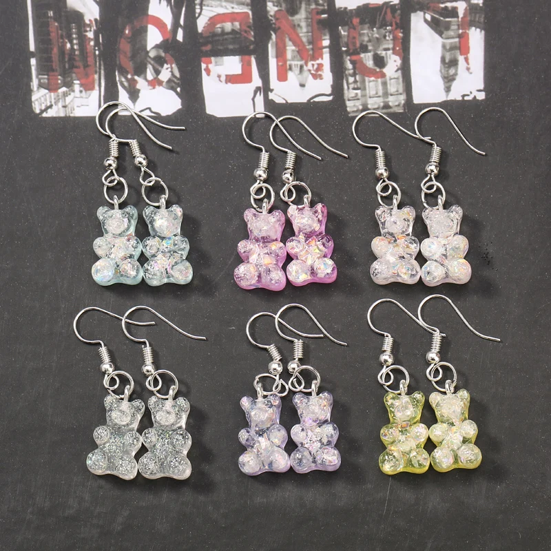 1Pair  Women Drop Earrings  Glitter Gummy Bear Crafts Multicolor Resin Charms Fashion Jewelry Diy Making