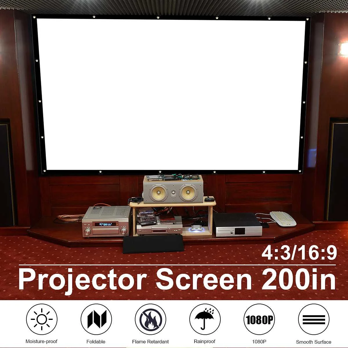 

200 inch 16:9/4:3 Portable Projector Screen Curtain Projection Screen For Wall Mounted Home Theater