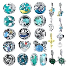 INBEAUT браслет Пандора из стерлингового серебра S925 пробы, морские рыбки, краб, Русалка, бусины в виде ракушки, синий CZ жемчуг, черепаха, Акула, подвески