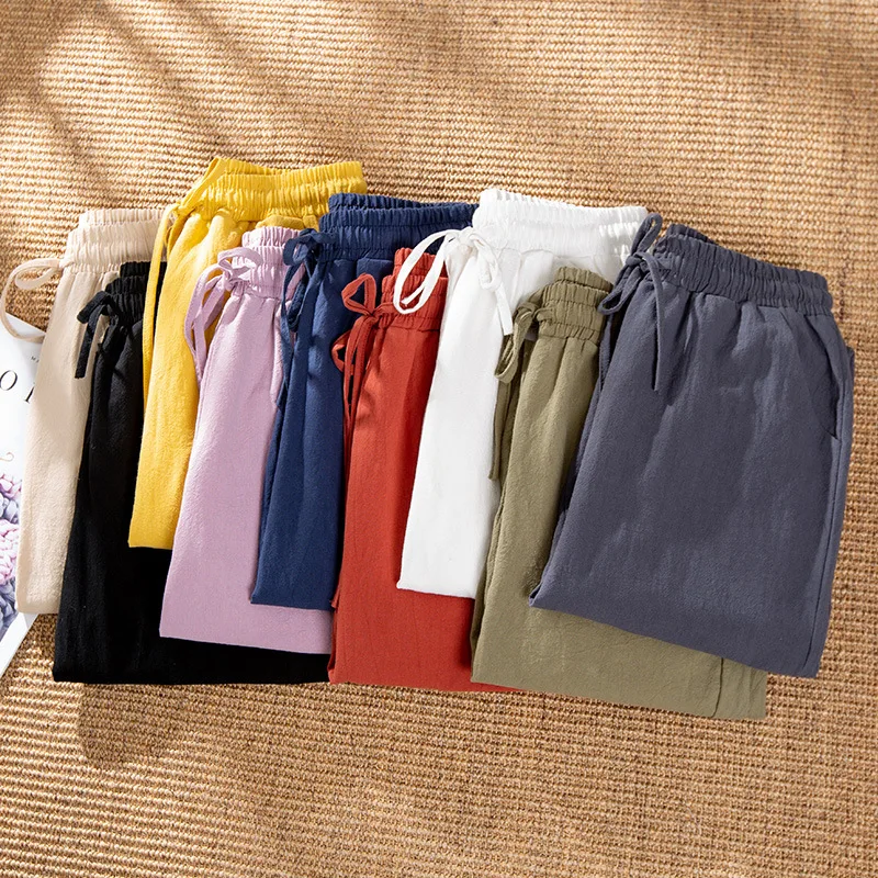 Spring Cotton Linen Pants Plus Size Loose Women Ankle Length Harem Pants Pocket Elastic High Waist Casual Trousers Orange Black