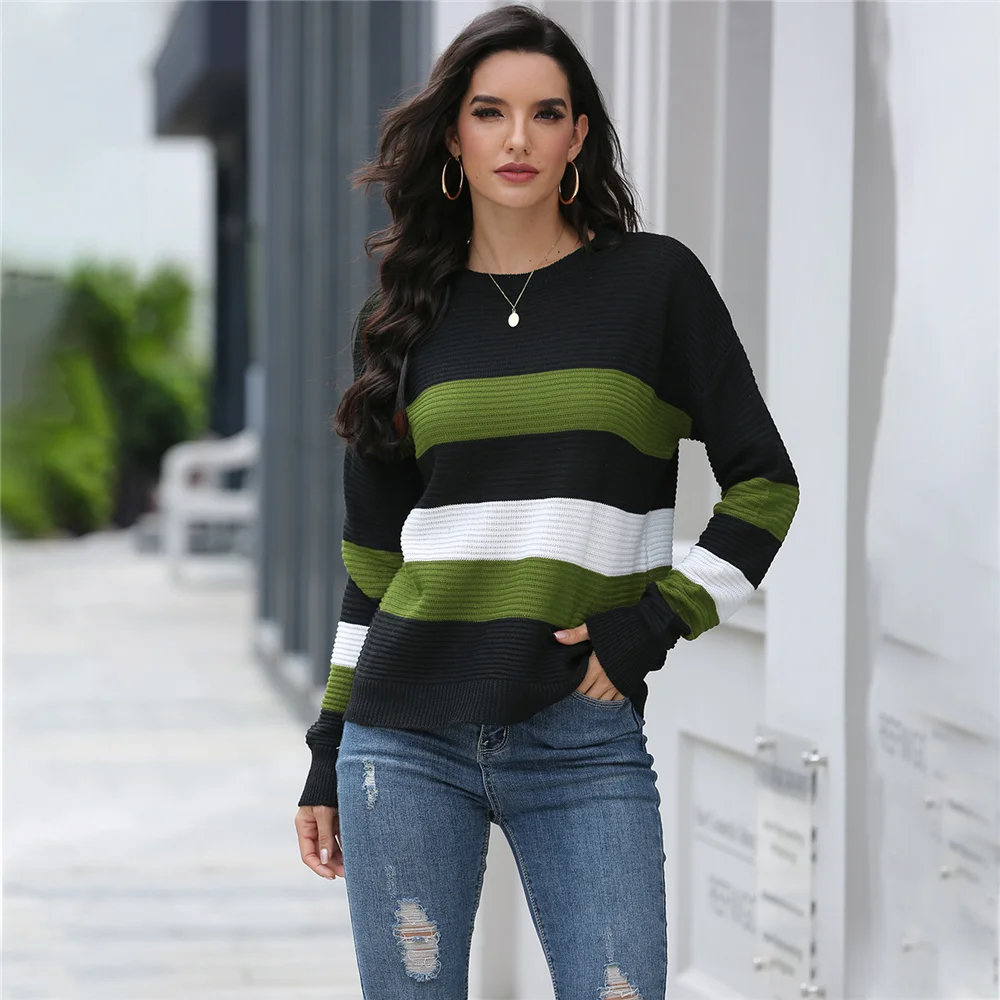 

Striped Womens Sweater Winter O Neck Loose Long Sleeve Knitter Sweater for Women Casual Femme Clothes