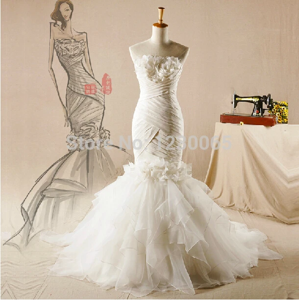 

romantic vestido de noiva organza flowers Long party sweetheart Bride White Bridal Gown mermaid Wedding Dress 2016 casamento