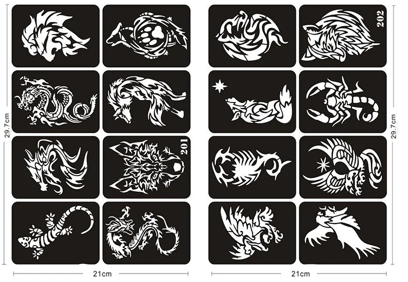 16 шт./компл. большой Размеры хна Трафареты волк Дракон Тигр Орел дизайн аэрограф трафареты для краски глиттера Татуировка Sjablonen