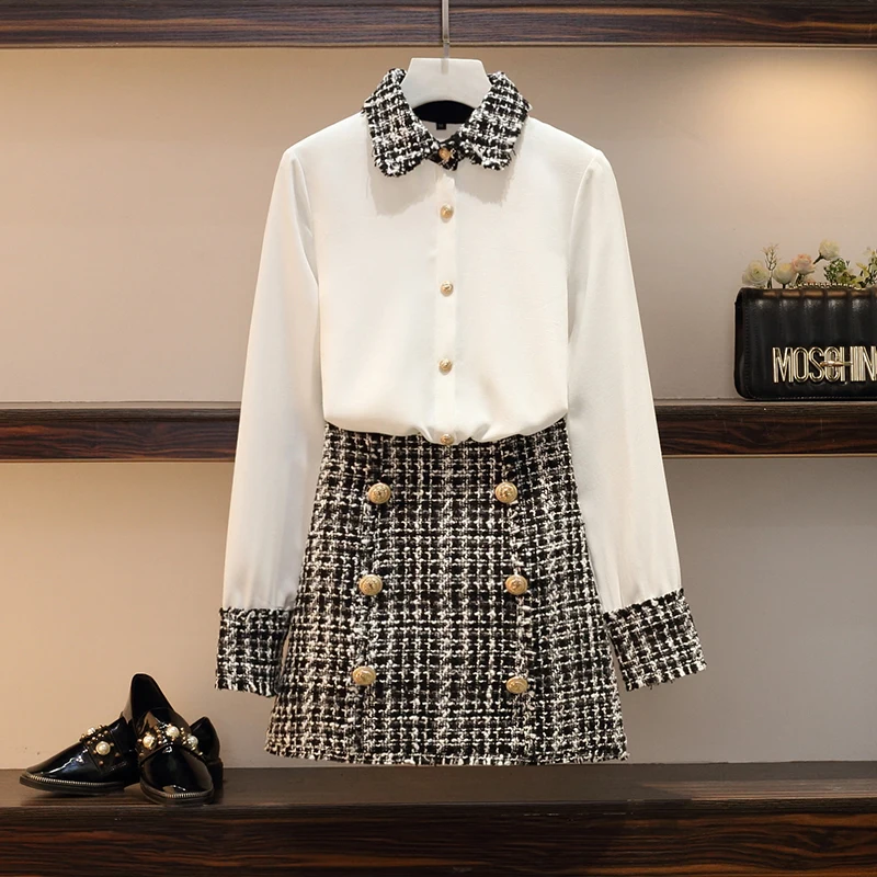 S-4XL, большой размер, Модный женский комплект из 2 предметов, осенняя белая шифоновая Лоскутная твидовая рубашка с кисточками, топы+ шерстяная юбка-карандаш на пуговицах