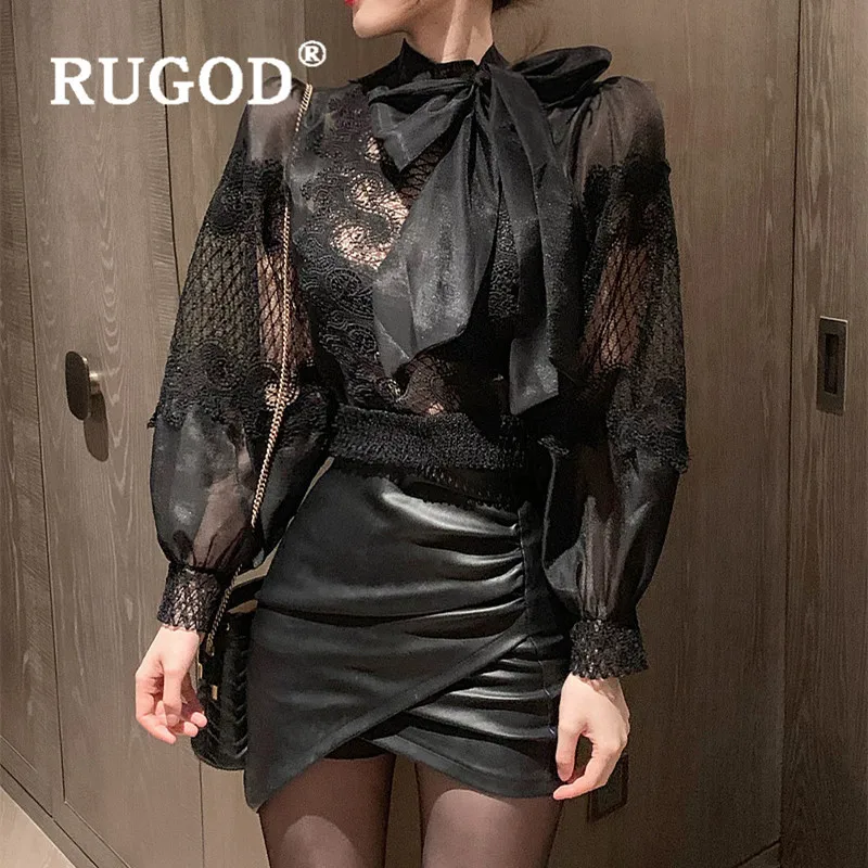 RUGOD Весенняя открытая блуза с бантом и рукавами-фонариками, кружевная Сексуальная блуза с длинным рукавом, женская одежда, Женские топы и блузки