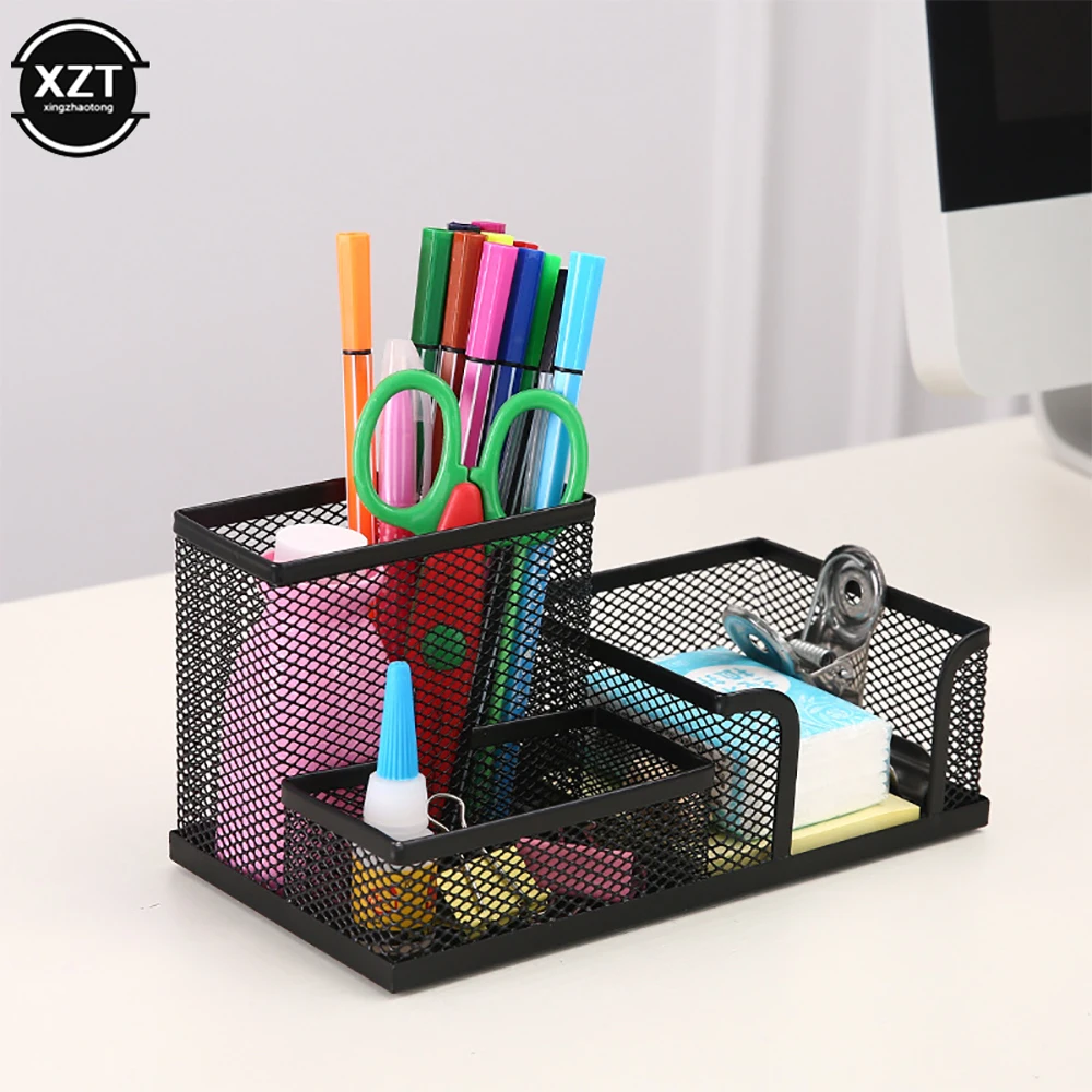 3-In-1 Desk Organizer Pencil Pen Holder Metal Hollow Mesh Wire Organizador De Escritorio Lapices Office Desk Accessories pen holder stationery organizer