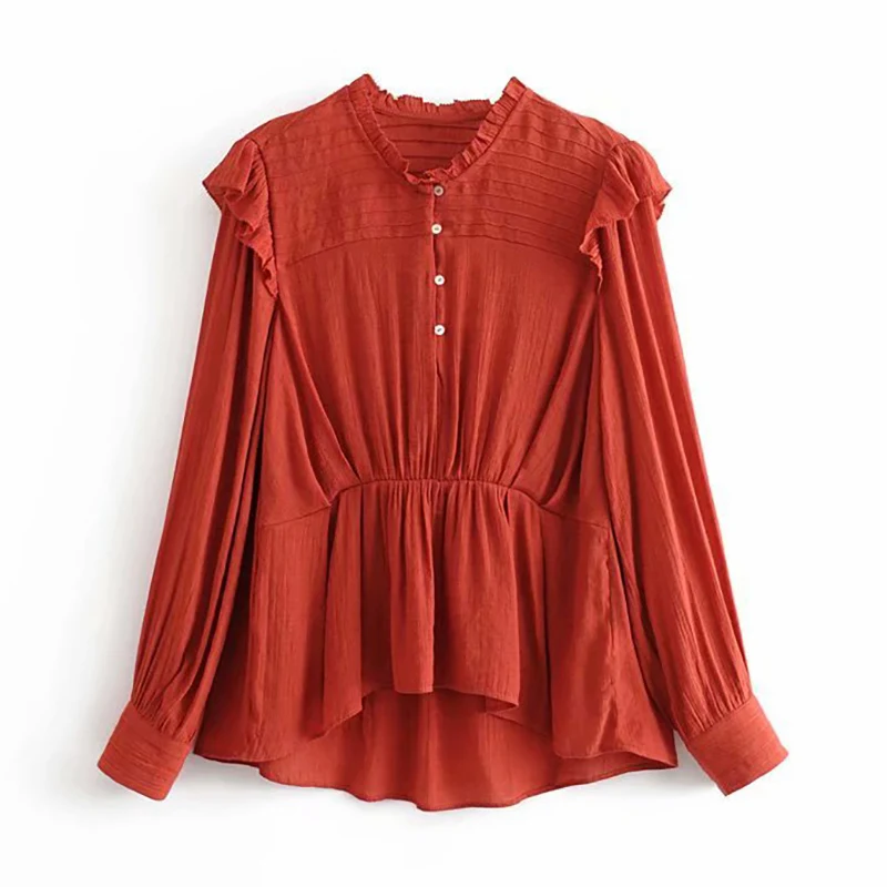Однотонная льняная женская блузка, весна-осень, рубашки с длинным рукавом и оборками, блузка с неровным подолом, элегантные женские топы, плиссированные Блузы - Цвет: Red