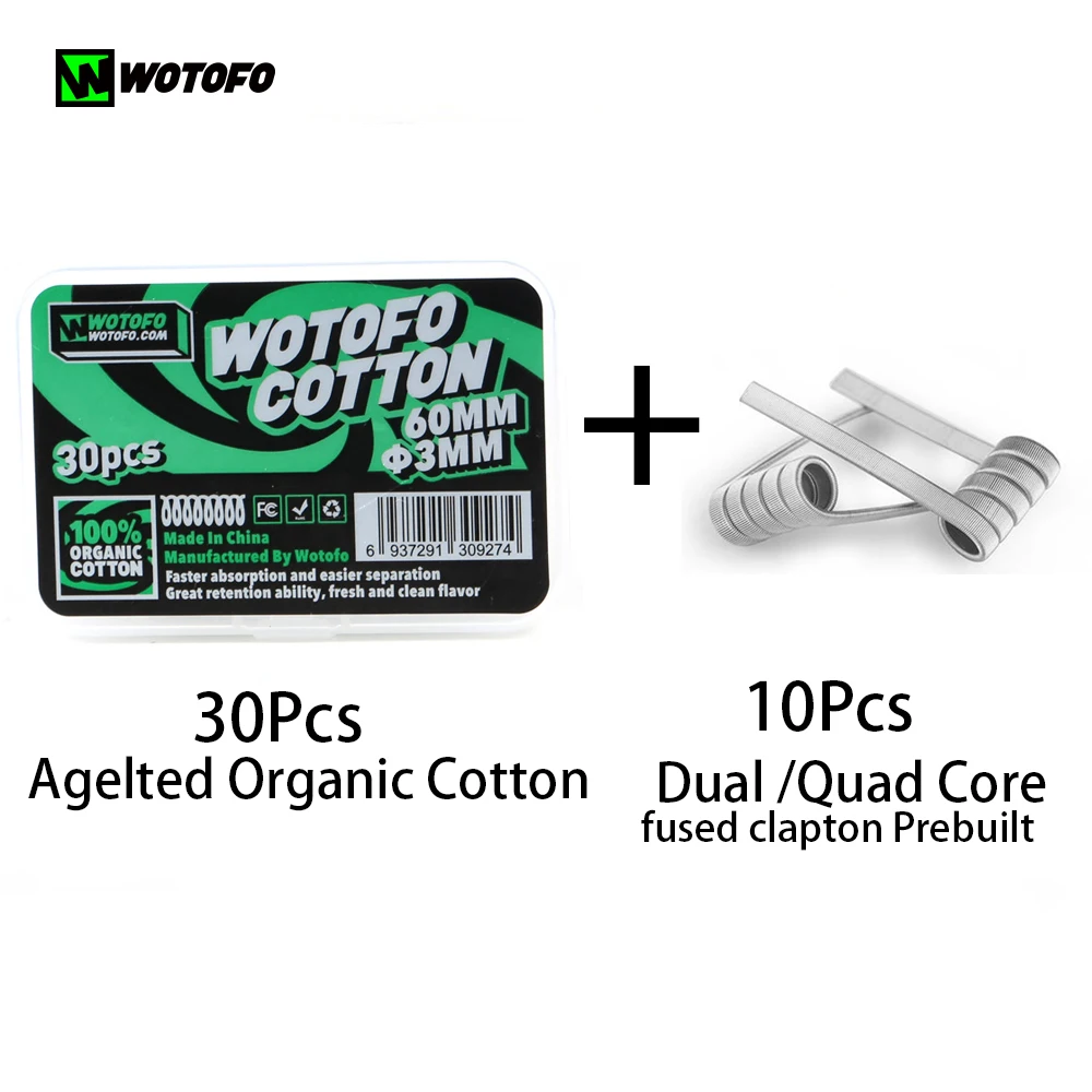 

Original 30pcs Wotofo Agelted Organic Cotton With 10pcs Dual/Quad core fused clapton Prebuilt Coil For Wotofo RDA Atomizer Vape